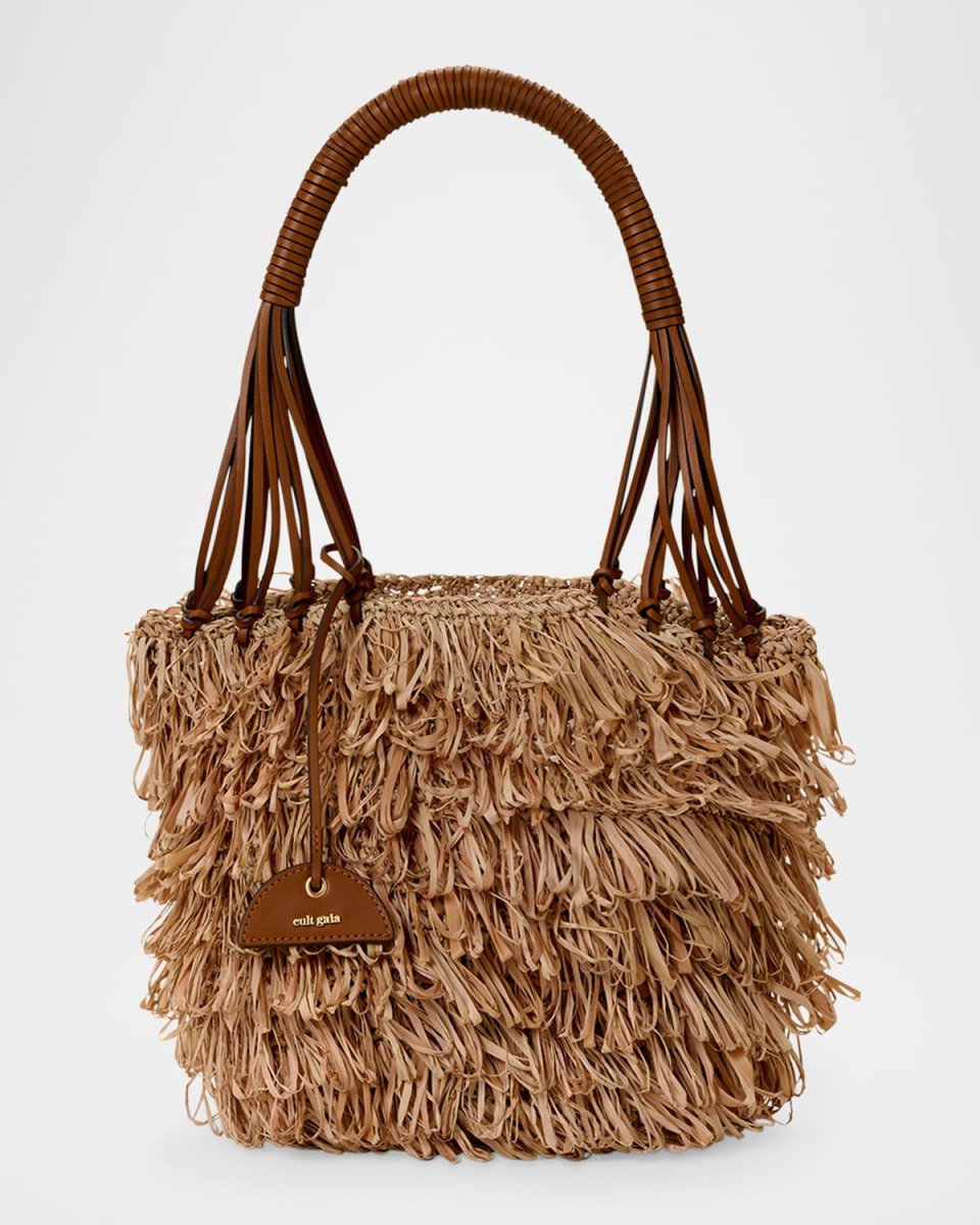 Miladia Fringe Raffia Bucket Shoulder Bag